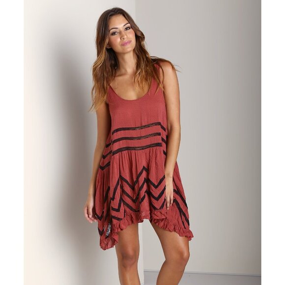 Free People Dresses & Skirts - Free People Burnt Red & Black Voile & Lace Slip Dress | Boho Coastal Cowgirl S